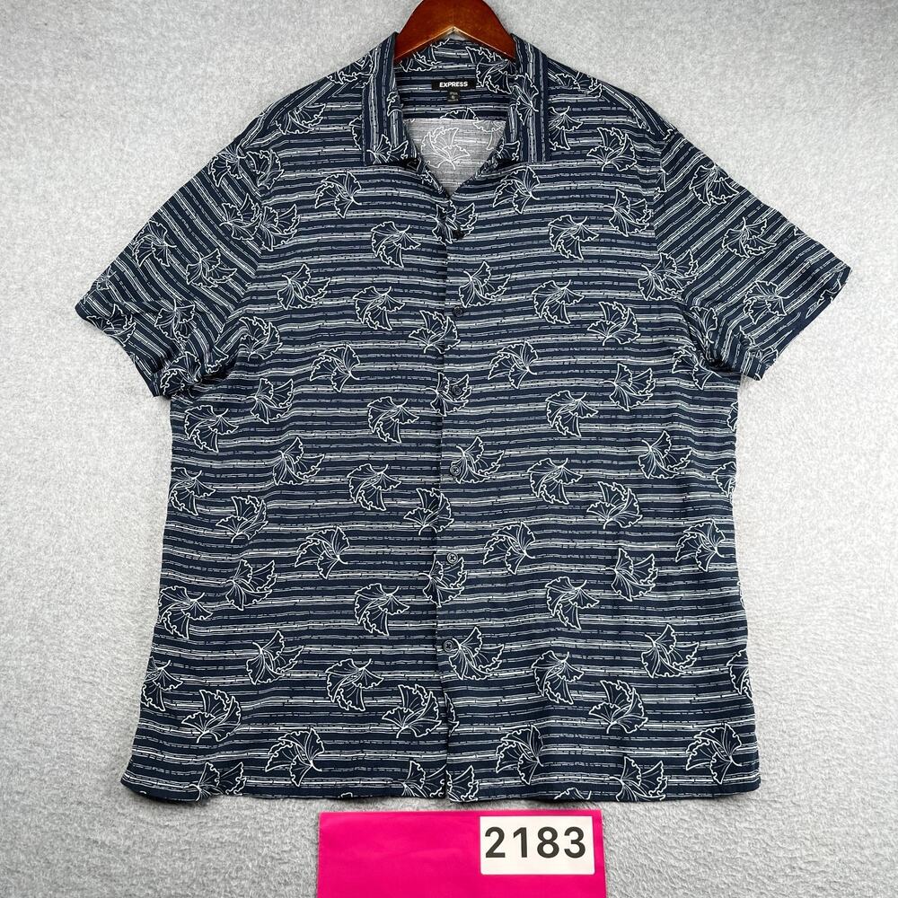 Express Tropical Print Navy Shirt Camp Collar Button Up Short Sleeve Men XL
